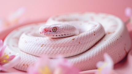 Fototapeta premium Pastel Pink Albino Snake Curled Amongst Delicate Blossoms