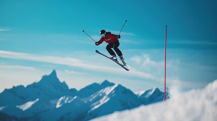 Thrilling aerial shot of a skier soaring through the crisp mountain air, showcasing exhilarating winter sports action against a vibrant blue sky.