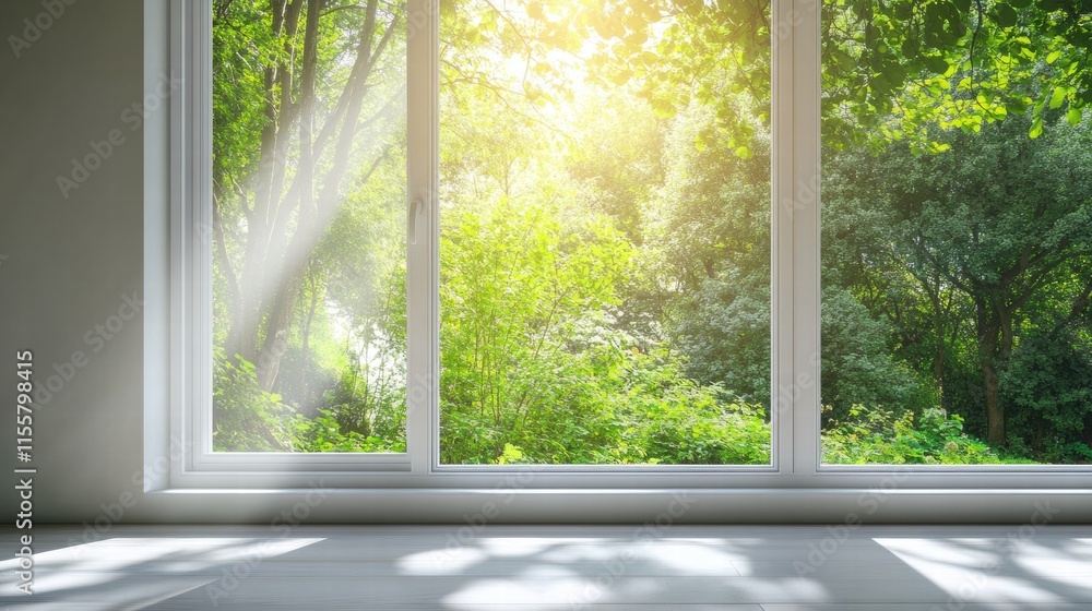 Poster bright sunlight streaming through a window showcasing a lush garden brimming with greenery and life.