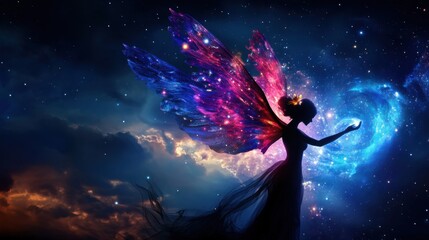 Naklejka premium A fairy with wings is holding a star in the sky