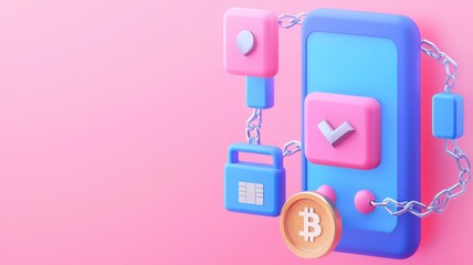 mobile payment and efficiency concept. Colorful smartphone illustration with locks and a Bitcoin coin, representing digital security and cryptocurrency.