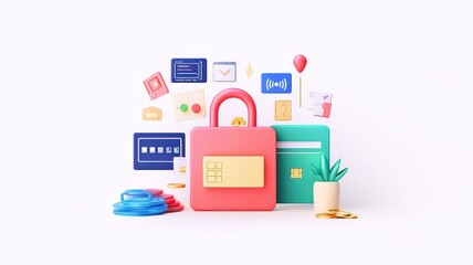 mobile payment and efficiency concept. Digital security concept featuring a lock, credit cards, and tech elements in a vibrant design.