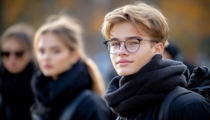 A group of young people dressed warmly interacts outdoors in an autumn setting