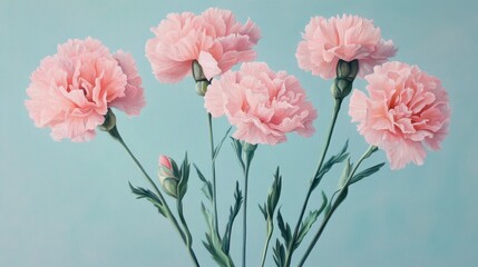 Obraz premium Five pale pink carnations on a teal background.
