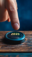Fototapeta premium Close up view of hand pressing 2025 button on touch screen interface. Happy new year 2025
