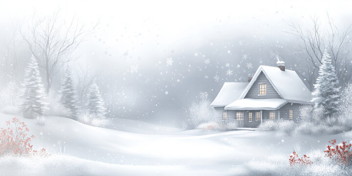 Winter background-Cozy Winter Cottage in Snowy Landscape with Frosted Trees and Red Accents, greeting card, 