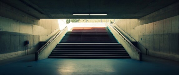 Obraz premium Empty Hockey Stadium with Illuminated Stairs and Symmetrical Architecture