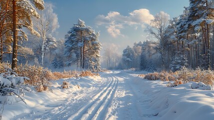 Obraz premium Snowy landscape with a forest in the background