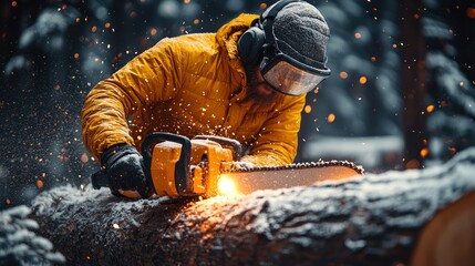 Focused lumberjack in winter forest using chainsaw, sparks flying, covered in snow.