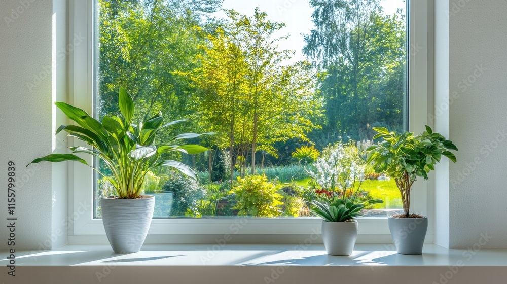 Aufkleber Bright sunlight streams through a window showcasing a vibrant garden filled with lush greenery and colorful plants. Generative AI