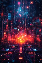 Naklejka premium Vibrant digital music studio with illuminated controls and futuristic background