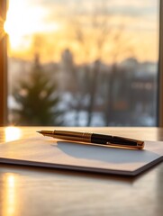 Fototapeta premium Pen and Fresh Paper on Cozy Winter Desk with Blurred Background