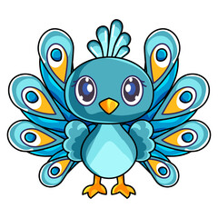 Cute Peacock Cartoon Kawaii Sticker. Character Vector Illustration