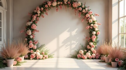 Wedding backdrop, photo backdrop with elegant floral arch and renaissance style wall