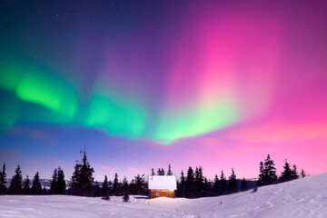 Cozy wooden cabin in snowy mountains under incredible Northern lights in starry night sky....