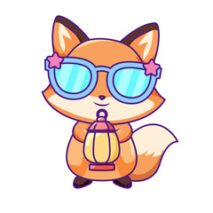 Cute Fox Cartoon Kawaii Sticker. Character Vector Illustration