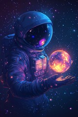 Naklejka premium Astronaut explores the cosmos while holding a glowing celestial sphere in deep space