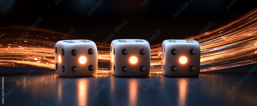 Aufkleber three illuminated dice on a dark surface with glowing sparks in the background.