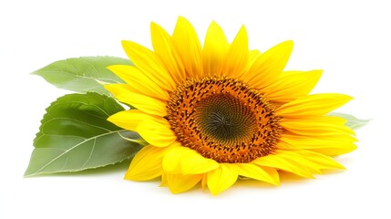 Naklejka premium A Single Sunflower with Vibrant Yellow Petals and Green Leaves