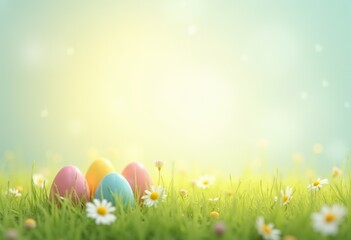 Easter banner 2026, delicate pastel colors easter eggs in green grass among daisies, clear sky, gradient blurred blue background with space for text