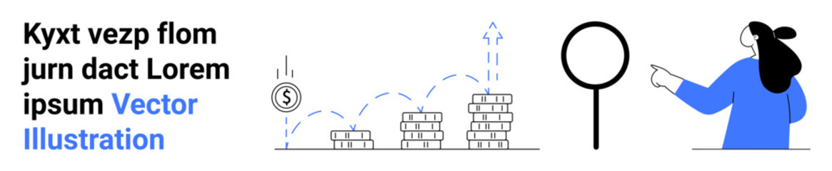 Stacked coins with arrows indicating growth, target with arrow, woman pointing at magnifying glass. Ideal for business, finance, presentations, marketing, economic growth, startup, analysis. Banner