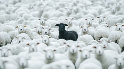 Black Sheep Among White Sheep Nature's Contrast in Pasture Landscape