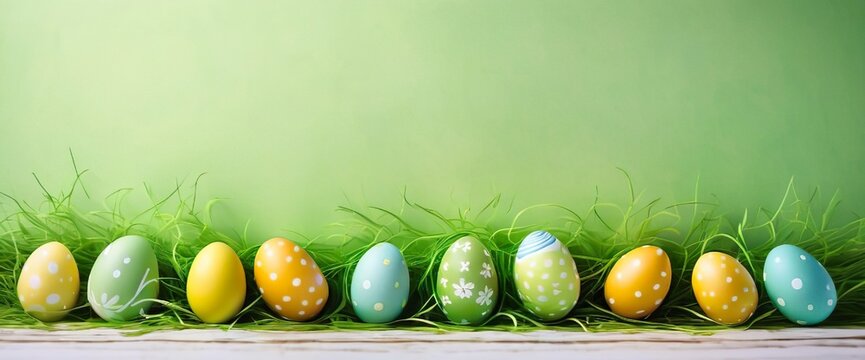 Easter banner 2025, colorful easter eggs in green grass, green background with space for text