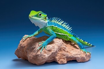 Fototapeta premium Basilisk lizard mid-stride or standing, showcasing its unique posture and vibrant features in a natural setting, highlighting its agility and distinctive appearance