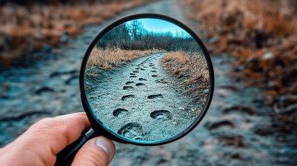 Magnifying glass reveals footprints on a path, symbolizing journey, exploration, and discovery.  A hand holds the magnifying glass, focusing on the details of the trail.