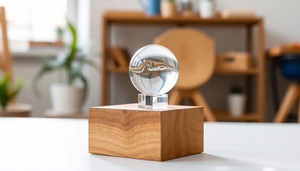 Glass Sphere on Wooden Cube Home Decor Interior Design Minimalist Style