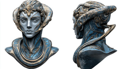 A reimagined bust statue of a mythological character, characterized by smooth curves and bold decorative elements, crafted in reflective metallic blue and bronze hues