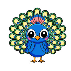 Cute Peacock Cartoon Kawaii Sticker. Character Vector Illustration