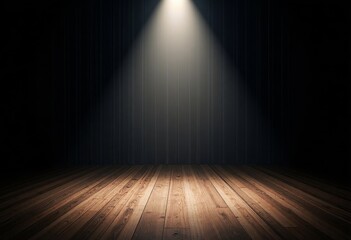 Dimly lit stage with spotlight, minimalist atmosphere, wooden floor and curtains, copy space