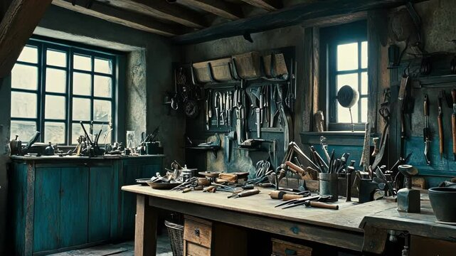 A vintage workshop filled with various hand tools and natural light.