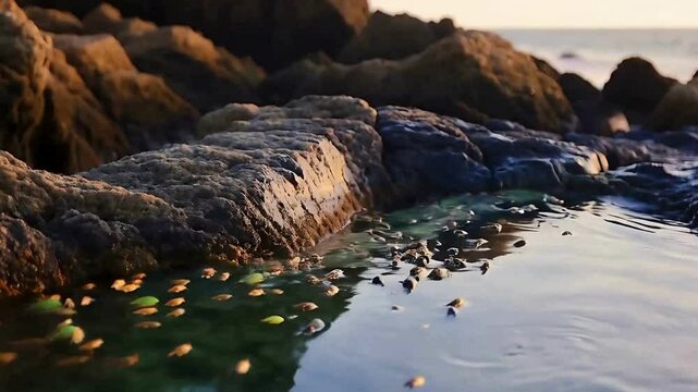 A coastal tide pool filling and draining with the rhythm of the waves. Tiny marine creatures move within the pool.