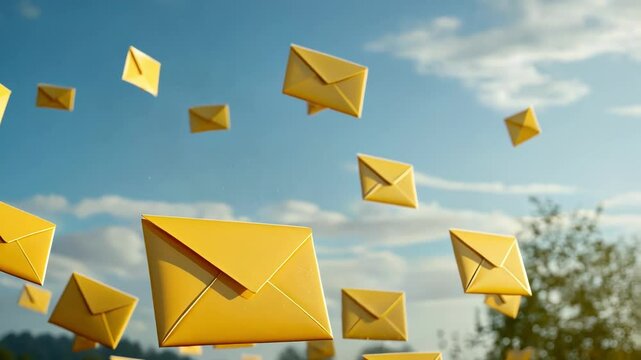 Yellow envelopes floating in a bright blue sky with fluffy clouds.