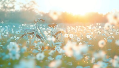 Vintage bicycle in the field with white flowers, retro toned