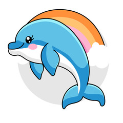 Cute Dolphin Cartoon Kawaii Sticker. Character Vector Illustration