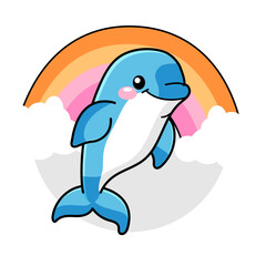 Cute Dolphin Cartoon Kawaii Sticker. Character Vector Illustration