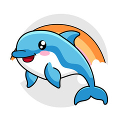 Cute Dolphin Cartoon Kawaii Sticker. Character Vector Illustration