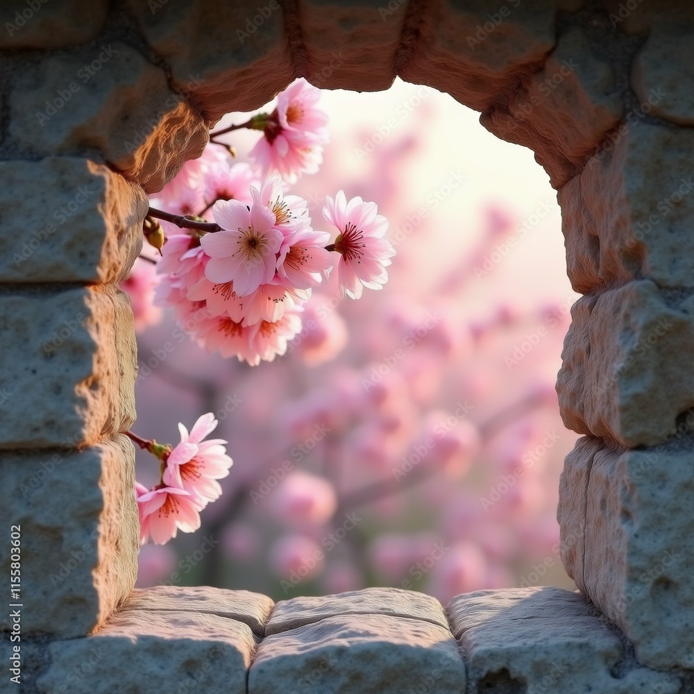 Poster the image is a close-up of a stone archway with a branch of pink cherry blossom flowers in the foreg