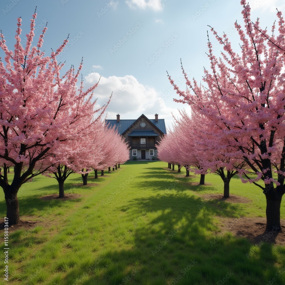 Poster the image shows a row of trees with pink cherry blossom trees in full bloom. the trees are arranged 