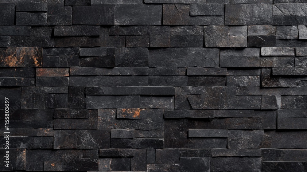 Poster a textured wall made of dark stone tiles, showcasing various shapes and subtle color variations, off