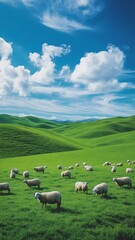 Fototapeta premium Peaceful Flock of Sheep Grazing on Vibrant Green Meadow Under Bright Blue Sky