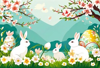 Fototapeta premium Easter card, 2025 banner in Japanese style, Easter eggs and Easter white bunnies in a clearing under sakura trees, Happy Easter