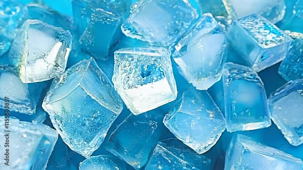 Poster close up of blue ice cubes. the ice cubes are all different sizes and are scattered throughout the i
