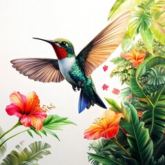 Obraz premium Vibrant Hummingbird Feeding on Tropical Flowers in Lush Foliage