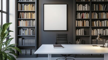 Modern home office interior with bookshelves, a desk, chair, and a large blank poster. Perfect for showcasing your design, branding, or marketing materials.
