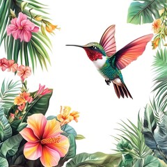 Vibrant Hummingbird Hovering Near Colorful Tropical Flowers in Lush Foliage
