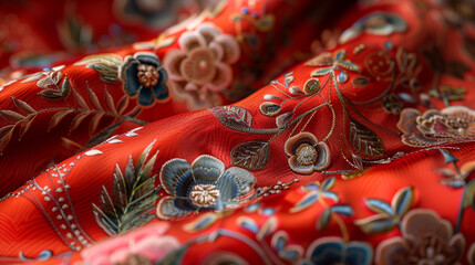 A vibrant depiction of red silk fabric with bold, intricate embroidery in contrasting silver thread, emphasizing the elegance and detailed stitching.